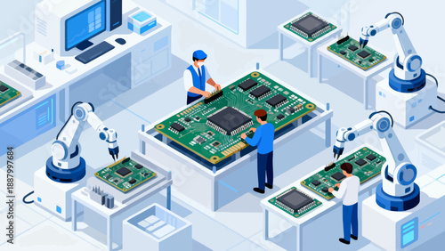 illustration of workers assembling circuit boards in a factory