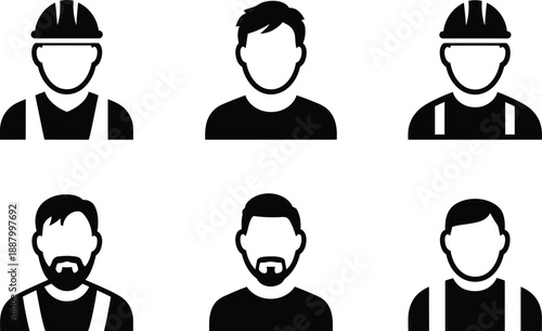Collection of diverse male worker avatars wearing different work attire and hairstyles including hard hats and beards isolated on transparent background