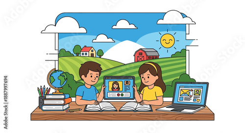 Children learning online together using digital devices while studying school books in the countryside setting
