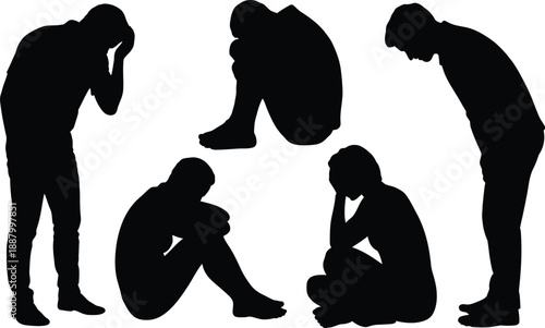 Silhouettes of multiple people in poses of sadness despair and contemplation against a white background