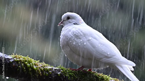 white dove bird standing on mossy branch in heavy rain nature video
