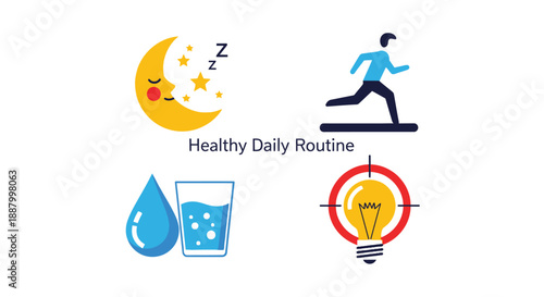 Icons representing key components of a healthy daily routine including sleep exercise hydration and goals