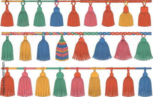 Fringe Trim and Tassel Decorations  Braided Cord and Yarn Skirt Vector Set