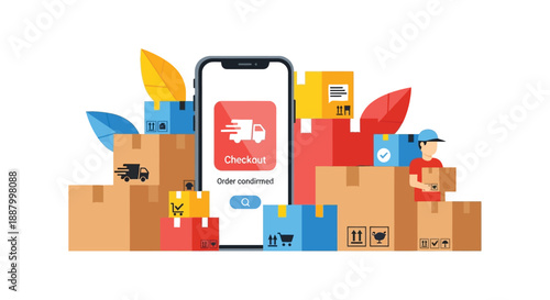 Mobile application confirms successful order checkout surrounded by numerous shipping and delivery packages