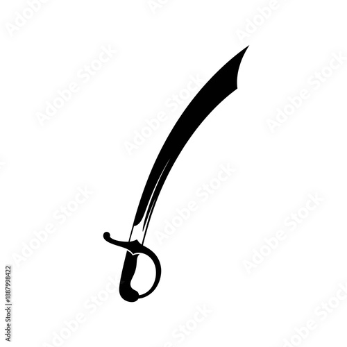 Black silhouette of a classic curved saber sword on a clean white background Vector