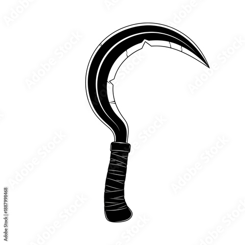 Stylized black and white illustration of a curved blade or sickle with a wrapped handle Vector