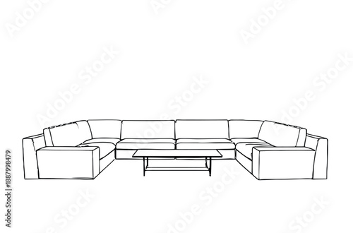 Line drawing of a spacious L-shaped sectional sofa in a minimalist style, centered behind a low rectangular coffee table against a plain white background.