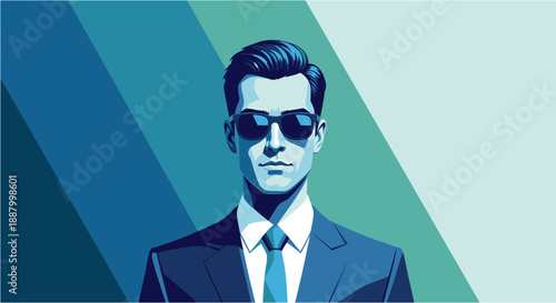 Stylish man in a dark suit and sunglasses, exuding confidence and professionalism against a modern blue and green background.