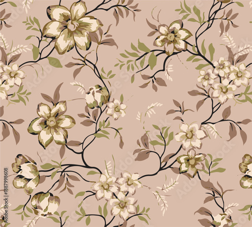 Big flowers pattern, upscale floral pattern. graphical textures floral, trendy colors pattern , flowers background with leaves. vector illustration.