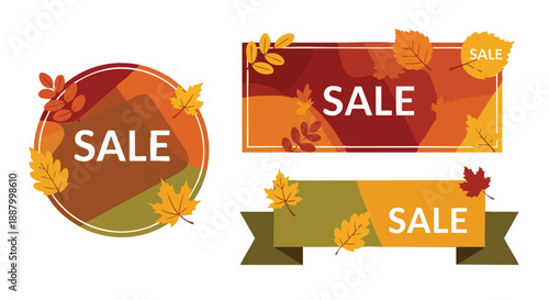 Autumn sale banners and labels in warm seasonal colors isolated on white for versatile commercial use to enhance seasonal marketing promotions