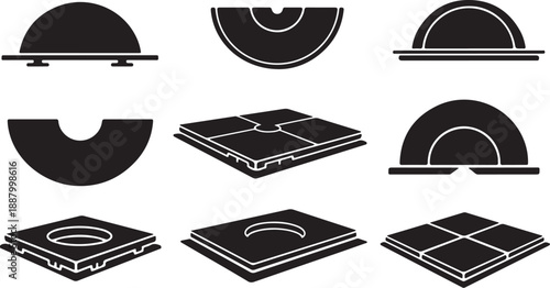 Geometric shapes and icons in black and white colors