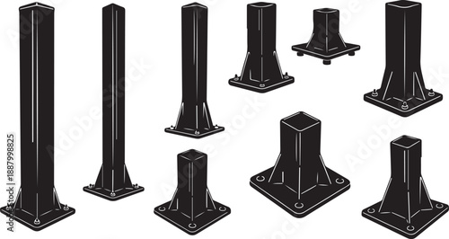 Set of black metal column bases and pillars isolated