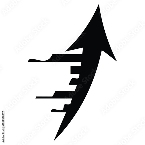 Stylized black arrow shape indicating upward progress and forward momentum with abstract horizontal lines representing speed or data streams