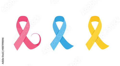 Awareness ribbons in various colors isolated on a clean white backdrop representing global health support concepts