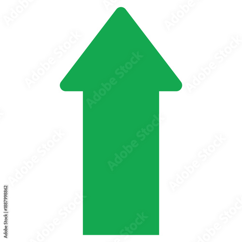 Simple green arrow pointing upwards indicating direction forward progress and growth on a white background