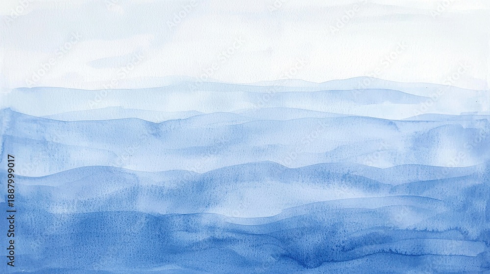 Obraz premium Serene Ocean Horizon with Soft Blue Watercolor Waves and Sky