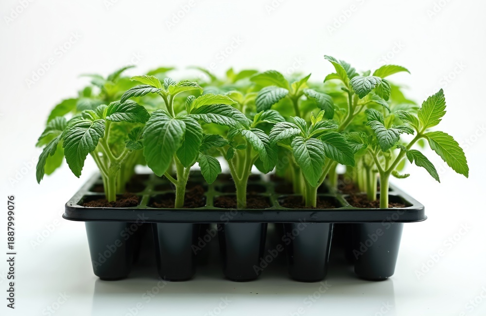 Obraz premium Young green tomato plants grow in a black seedling tray ready for planting. Small sprouts in cells signify new life and potential harvest. Agriculture and gardening concepts.