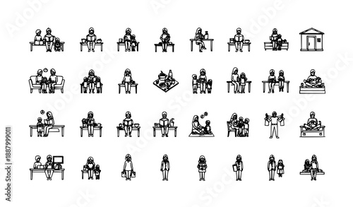 Minimal Family Life Line Icons Showing Parents and Kids in Daily Activities