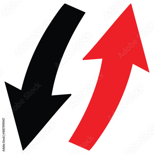 Dynamic contrast between a black downward pointing arrow and a red upward pointing arrow isolated on transparent background representing opposition and change
