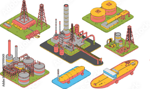 Oil and Petroleum Industry  Extraction, Refining, and Transporting Process Isometric Vector Set