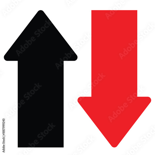 A stark black upward pointing arrow stands beside a vibrant red downward pointing arrow isolated on a clean white background representing opposing directions