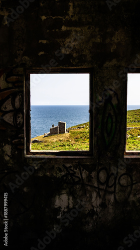 Abandoned building window with sea views