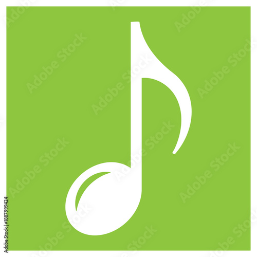 A simple white musical eighth note symbol is depicted on a bright green square background representing harmony and sound