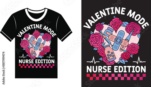 Nurse Valentine T-Shirt Design with Heart and Stethoscope,  Minimal Nurse Valentine T-Shirt Design for Valentine’s Day, Nurse Valentine Shirt Design with Medical Elements