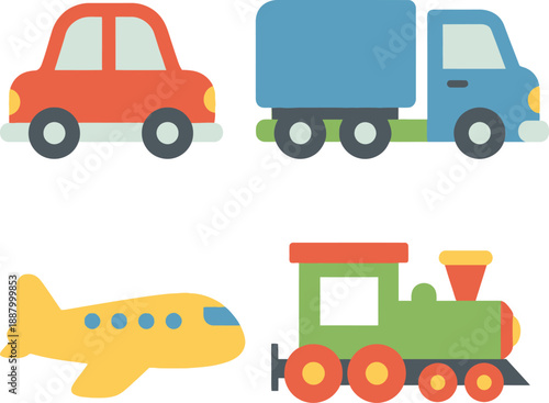Minimalist Flat Vector Illustration of Primary Color Toy Vehicles