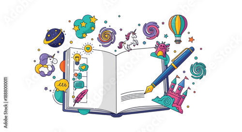 Open fantasy storybook surrounded by magical elements and a prominent blue fountain pen ready for writing