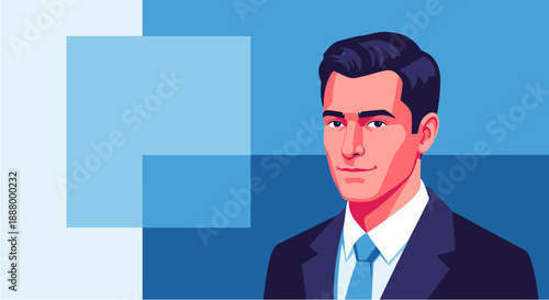 Professional businessman in a sharp suit and blue tie, confidently looking forward against a modern abstract background, representing success and corporate leadership.