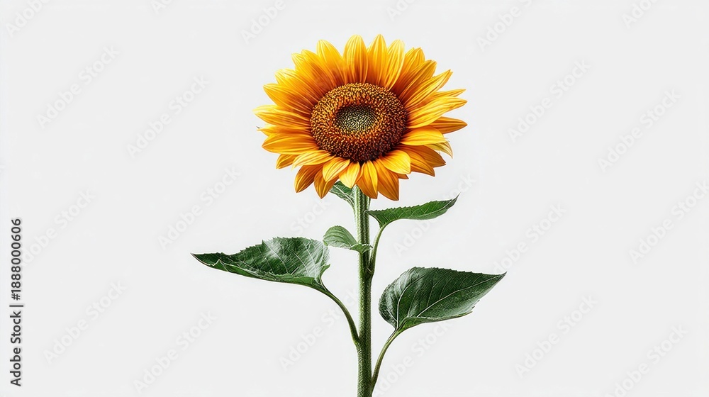 Fototapeta premium Bright yellow sunflower with green leaves isolated on a clean white background
