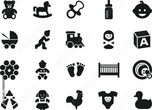 Black silhouette icons of baby and child related objects silhouette