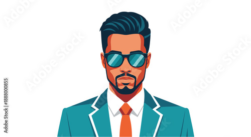 Stylish bearded man in a sharp suit and cool sunglasses, exuding confidence and modern elegance with a clean, minimalist design.