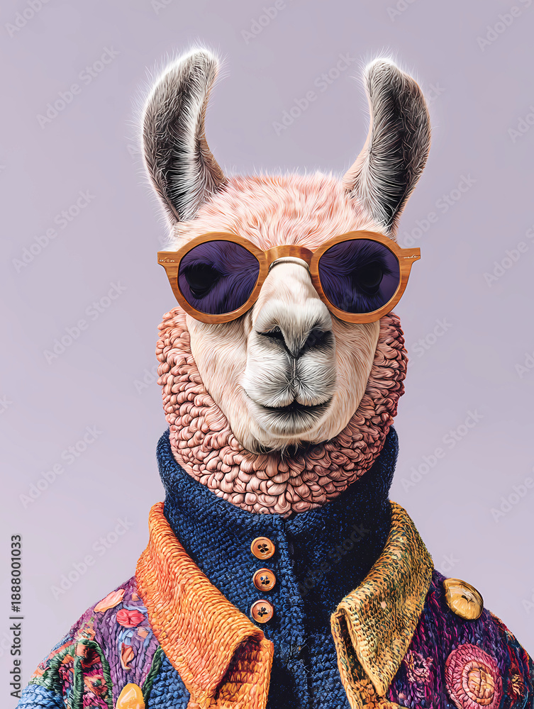 Fototapeta premium Portrait von einem Lama mit Sonnenbrille