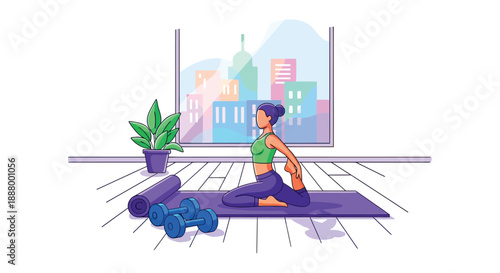 Woman practicing yoga pigeon pose indoors near a window overlooking a colorful cityscape