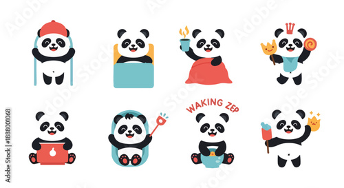 Set of Cartoon Panda Characters in Different Situations