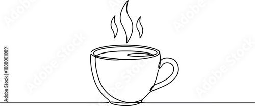 A clean and minimalistic continuous one line drawing of a coffee cup with steam, vector illustration