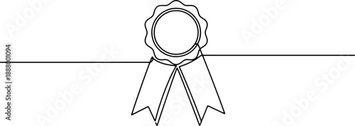 A clean and minimalistic continuous one line drawing of a ribbon with a seal, vector illustration