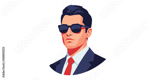 Stylish young businessman with dark hair and sunglasses, wearing a sharp suit and red tie, exuding confidence and modern professionalism.