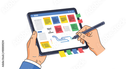 Person interacting with a digital tablet displaying sticky notes and making annotations using a stylus pen