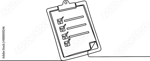 A clean and minimalistic continuous one line drawing of a clipboard with checkboxes, vector illustration