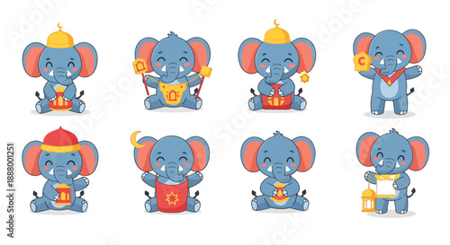 Set of Cartoon Elephants in Different Poses and Costumes