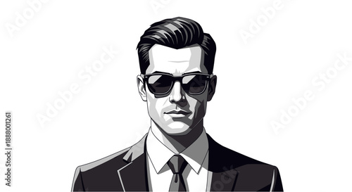 Stylish man in a sharp suit and cool sunglasses, exuding confidence and professionalism in a clean, minimalist vector illustration.