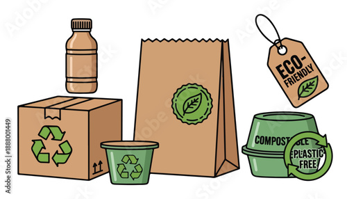 Collection of various eco-friendly, recyclable, and compostable packaging materials and products, promoting sustainability and environmental responsibility.