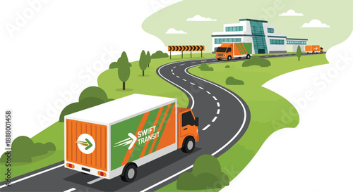 Flat illustration of delivery truck shipping goods on a winding road leading to a modern distribution warehouse.