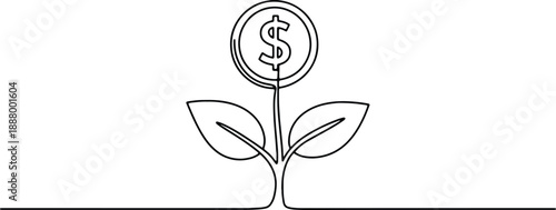 A clean and minimalistic continuous one line drawing of a plant with a dollar sign flower, vector illustration