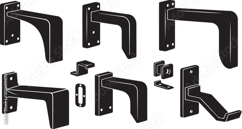 Assorted metal bracket components and hardware on white background