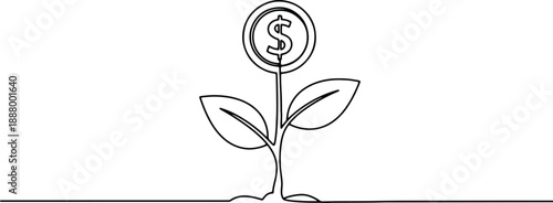 A clean and minimalistic continuous one line drawing of a flower with a dollar sign center, vector illustration