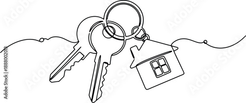 A clean and minimalistic continuous one line drawing of keys and house keychain, vector illustration